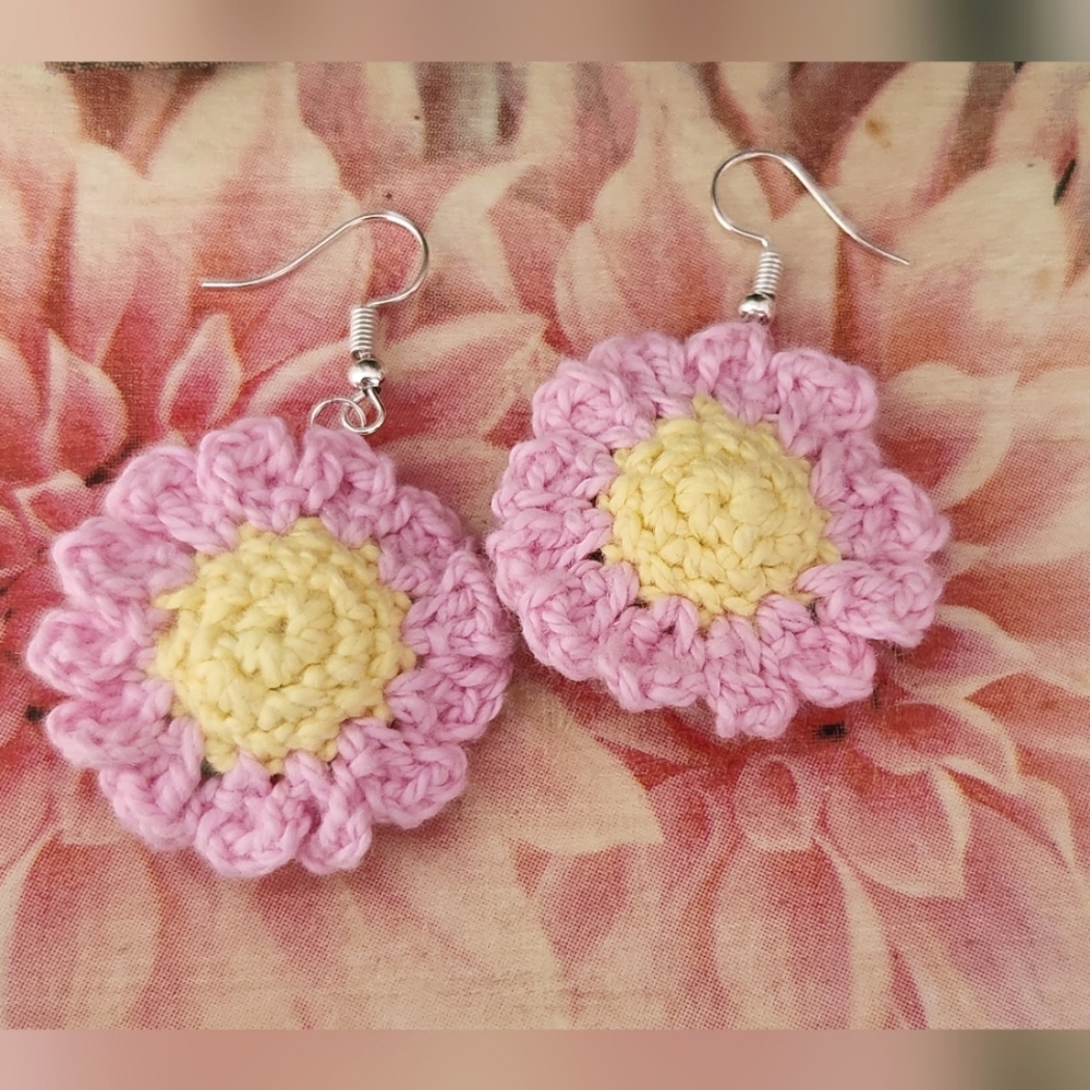 Handcrafted Crochet Pink and Yellow Flower Earrings